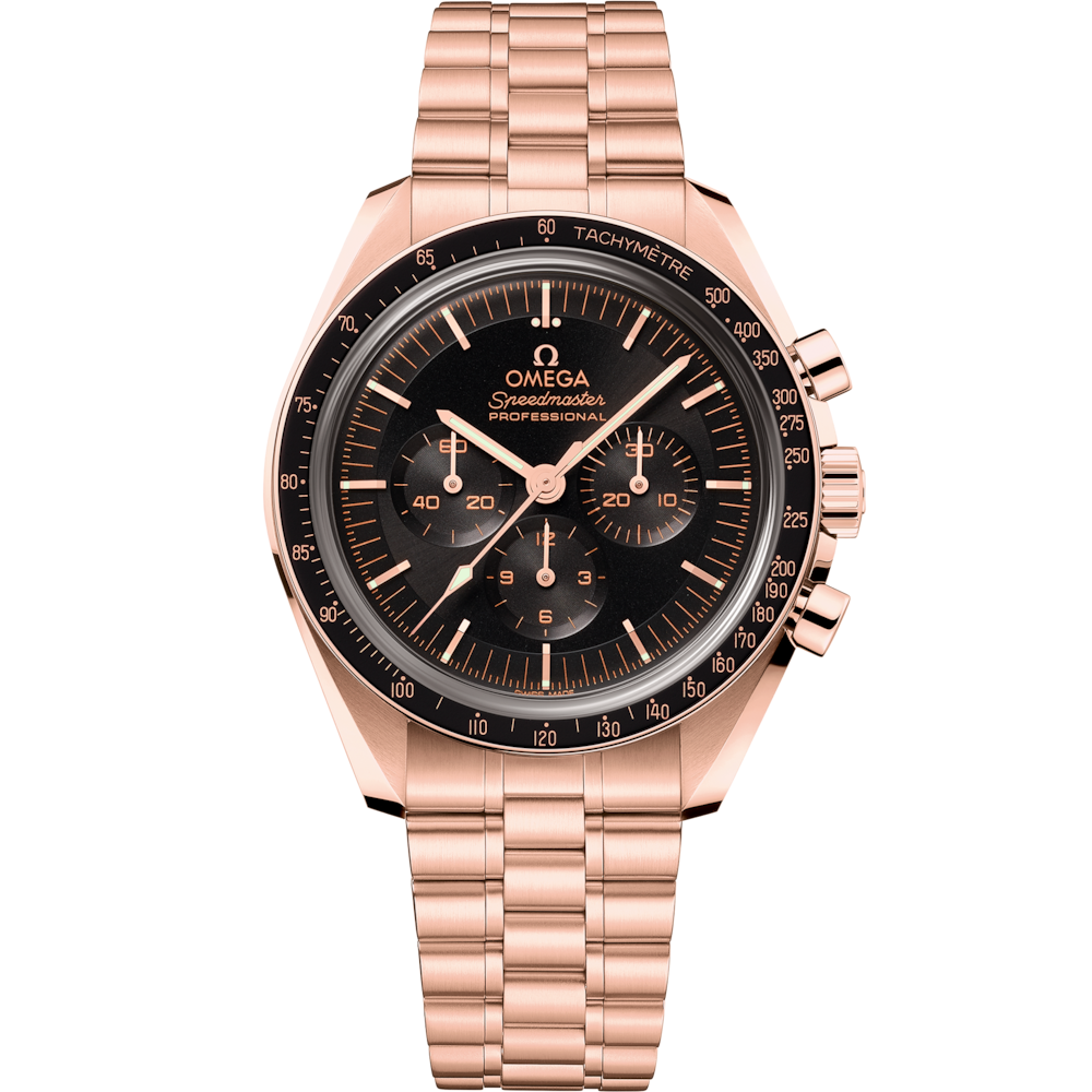 Quadrante nero con indici e lancette stile “Moonwatch” e scala tachimetrica nera anodizzata dell’Omega Speedmaster Moonwatch Professional 42 mm 310.60.42.50.01.001.