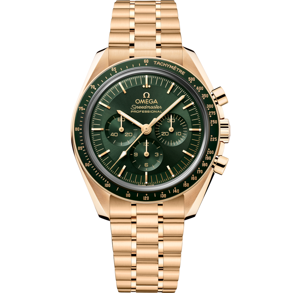 Quadrante verde “step dial” PVD con indici applicati e lancette stile “Moonwatch” dell’Omega Speedmaster Moonwatch Professional 42 mm 310.60.42.50.10.001.