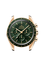 Load image into Gallery viewer, Profilo laterale della cassa in oro Moonshine™ 18 carati con vetro zaffiro bombato antiriflesso e lunetta nera anodizzata con scala tachimetrica “Dot over 90”.
