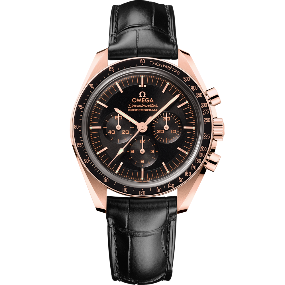 Quadrante nero con lancette stile “Moonwatch” e scala tachimetrica nera anodizzata dell’Omega Speedmaster Moonwatch Professional 42 mm 310.63.42.50.01.001.