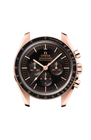 Profilo laterale della cassa in acciaio inossidabile e oro rosa 18 carati con vetro zaffiro bombato antiriflesso e lunetta nera anodizzata “Dot over 90”.