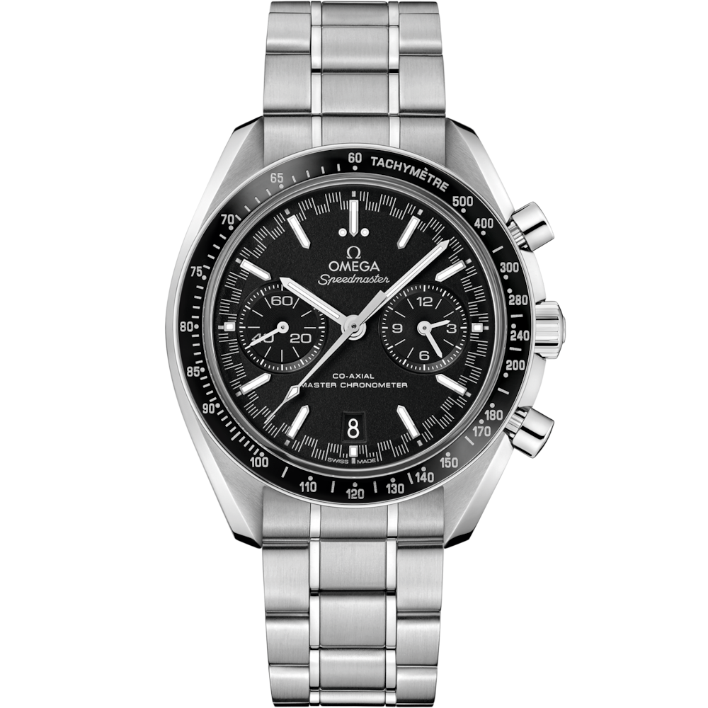 Quadrante nero “sandwich” a nido d’ape con dettagli in Super-LumiNova gialla, lancetta cronografica centrale gialla e contatori del cronografo dell’Omega Speedmaster Racing 44,25 mm 329.30.44.51.01.001.