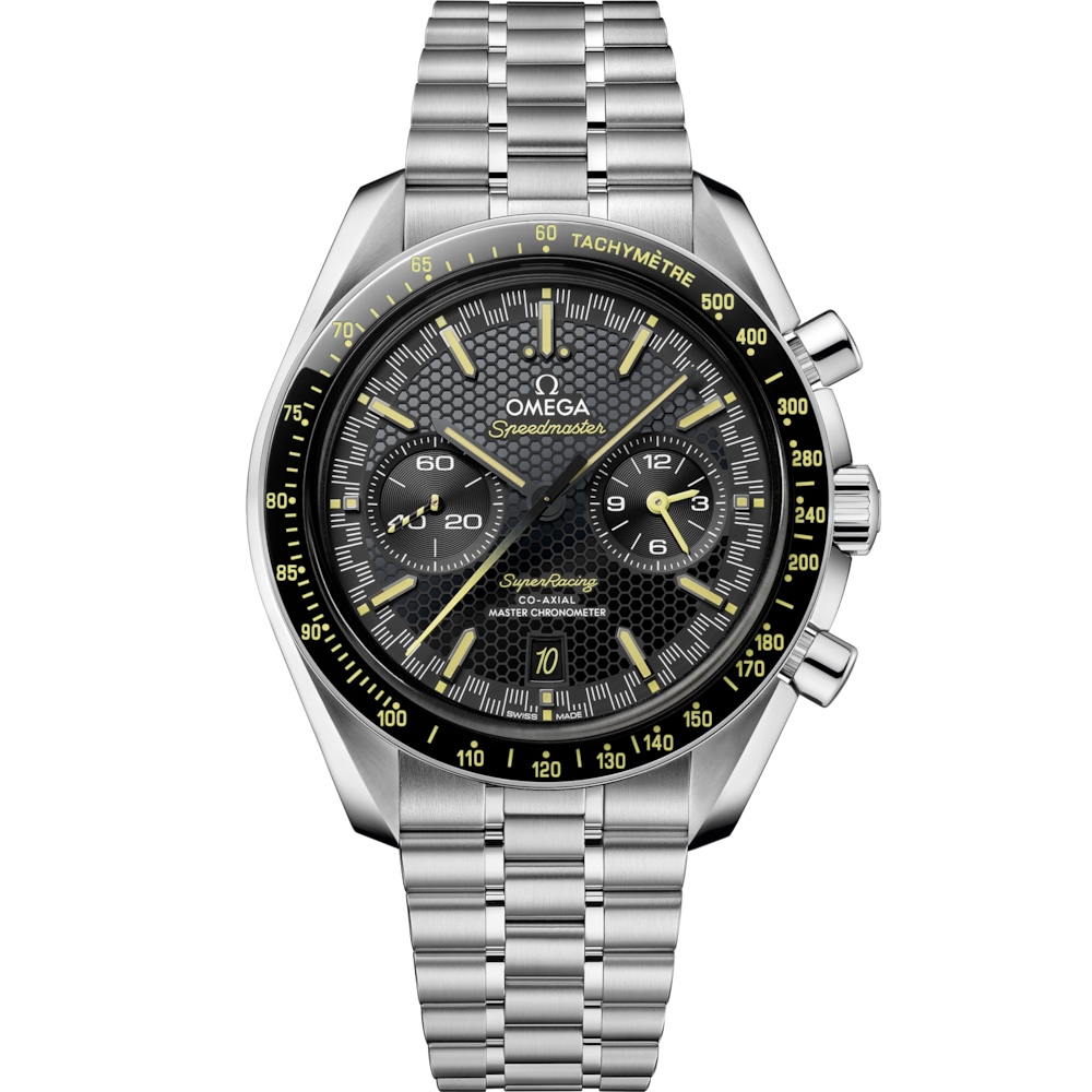 Quadrante nero a nido d’ape con indici applicati e dettagli in Super-LumiNova gialla, lancetta cronografica centrale e piccoli secondi a strisce giallo-neri dell’Omega Speedmaster Super Racing 44,25 mm.