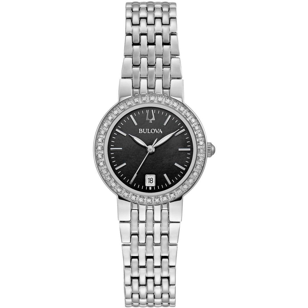 Quadrante madreperla nero dell’orologio Bulova Classic Lady 26 mm con indici sottili e dettagli diamantati
