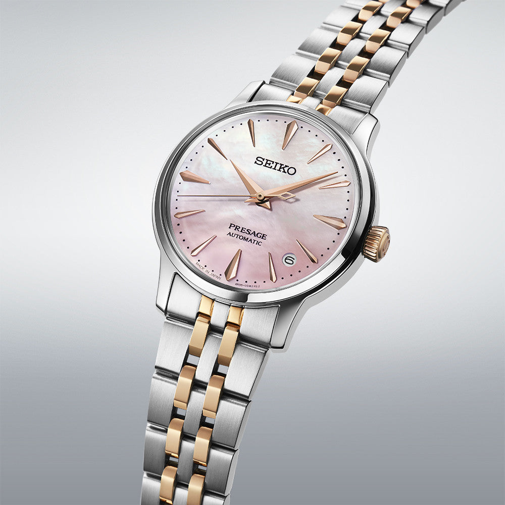 Seiko Presage Cocktail SRPM06J1 - bracciale color acciaio e oro rosa - cassa acciaio - quadrante madreperla rosa con datario