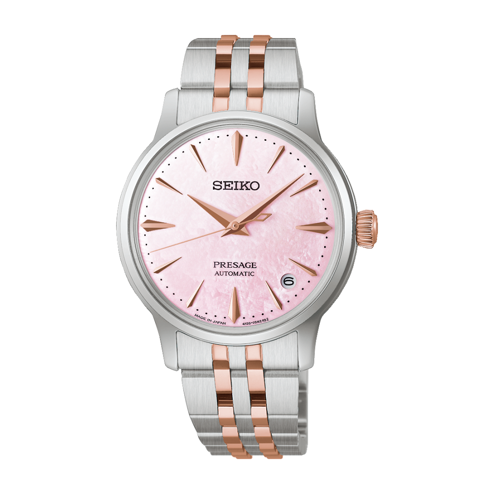 Seiko Presage Cocktail SRPM06J1 - bracciale color acciaio e oro rosa - cassa acciaio - quadrante madreperla rosa con datario