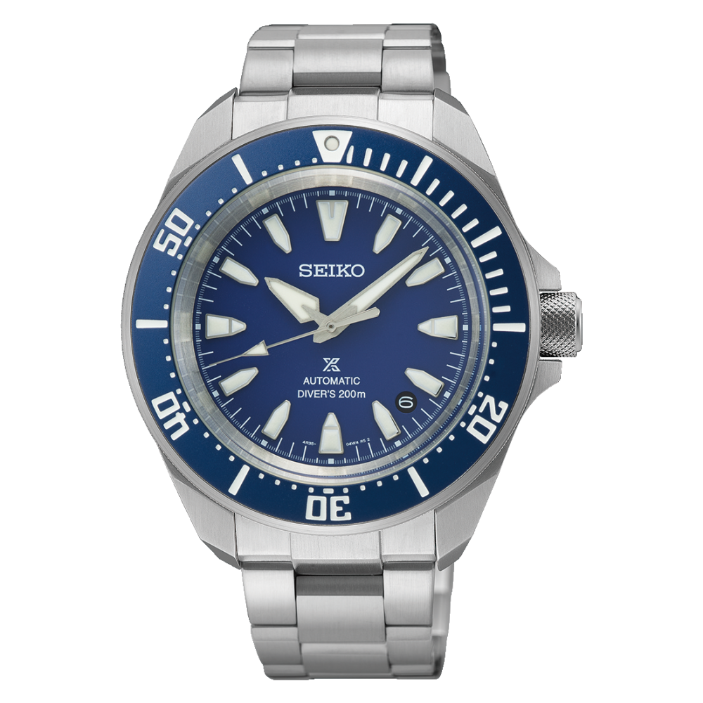 Quadrante blu sunburst del Seiko Prospex Samurai SRPL51K1 con indici luminescenti LumiBrite e lancette prominenti