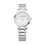 Load image into Gallery viewer, Quadrante in madreperla bianca con 8 diamanti taglio brillante come indici, cifre romane classiche e datario a finestrella a ore 3 dell&#39;orologio Baume &amp; Mercier Classima 10326
