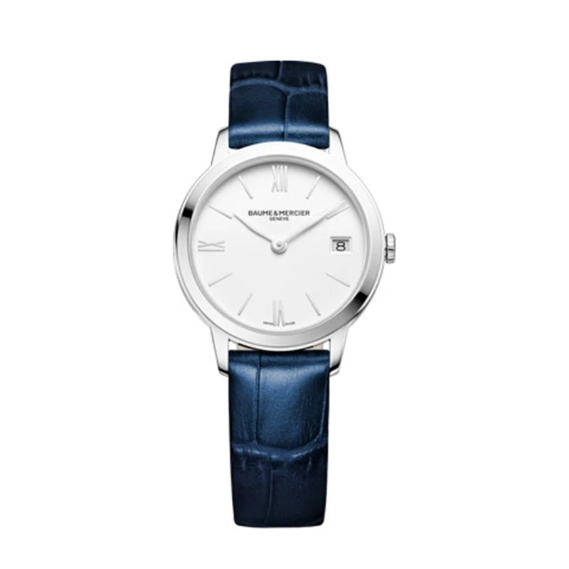 Quadrante bianco opaco con cifre romane classiche a ore 6, 9 e 12 e lancette placcate in rodio dell'orologio Baume & Mercier Classima 10353