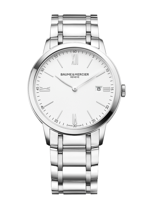 Quadrante bianco opaco con numeri romani e datario a finestrella a ore 3 dell'orologio Baume & Mercier Classima 10354