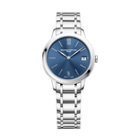 Load image into Gallery viewer, Quadrante blu con finitura satinata soleil, cifre romane a ore 6 e 12 e datario a finestrella dell&#39;orologio Baume &amp; Mercier Classima 10477
