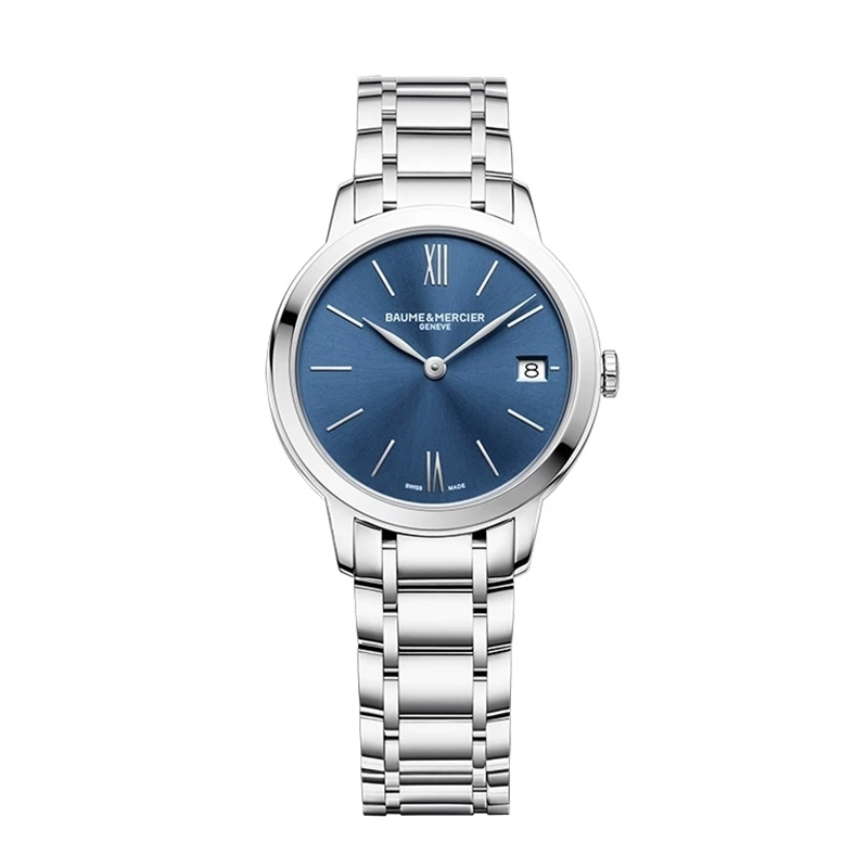 Quadrante blu con finitura satinata soleil, cifre romane a ore 6 e 12 e datario a finestrella dell'orologio Baume & Mercier Classima 10477