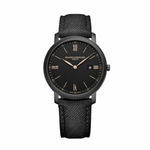 Load image into Gallery viewer, Quadrante nero opalino con finitura satinata soleil, decorazioni lineari e réhaut nero, numeri romani dorati e lancette a foglia dell&#39;orologio Baume &amp; Mercier Classima 10762
