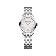 Quadrante argentato satinato soleil dell'orologio Baume & Mercier Clifton 10175 con lancette Dauphine rosse e datario a finestrella