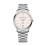 Load image into Gallery viewer, Quadrante bianco sporco con finitura granulata, orlato da minuteria e mirino neri, con numero arabo a ore 12 e indici dorati rivettati a forma di trapezio dell&#39;orologio Baume &amp; Mercier Clifton 10793
