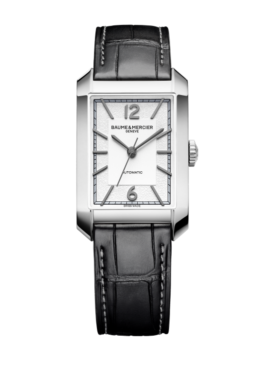 Quadrante argentato opalino con finitura perlata e indici e cifre arabe in rutenio nero dell'orologio Baume & Mercier Hampton 10522