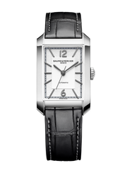 Quadrante argentato opalino con finitura perlata e indici e cifre arabe in rutenio nero dell'orologio Baume & Mercier Hampton 10522