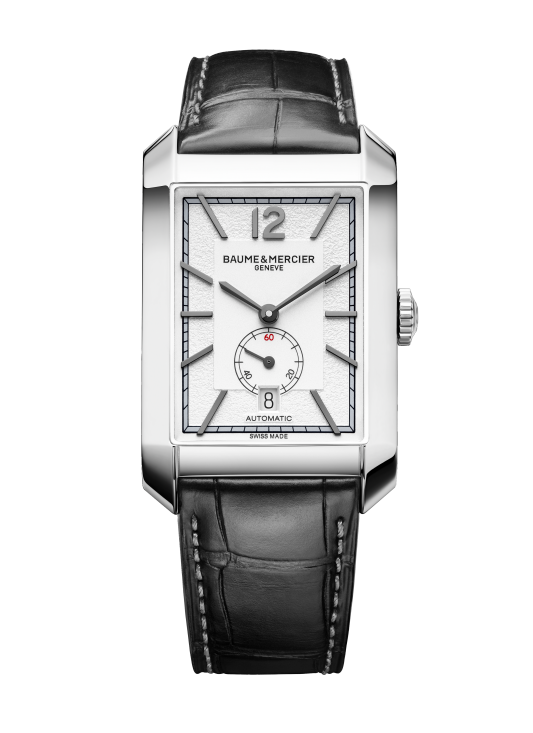Quadrante argentato opalino con cifre arabe a ore 12 e indici rivettati in rutenio nero dell'orologio Baume & Mercier Hampton 10528