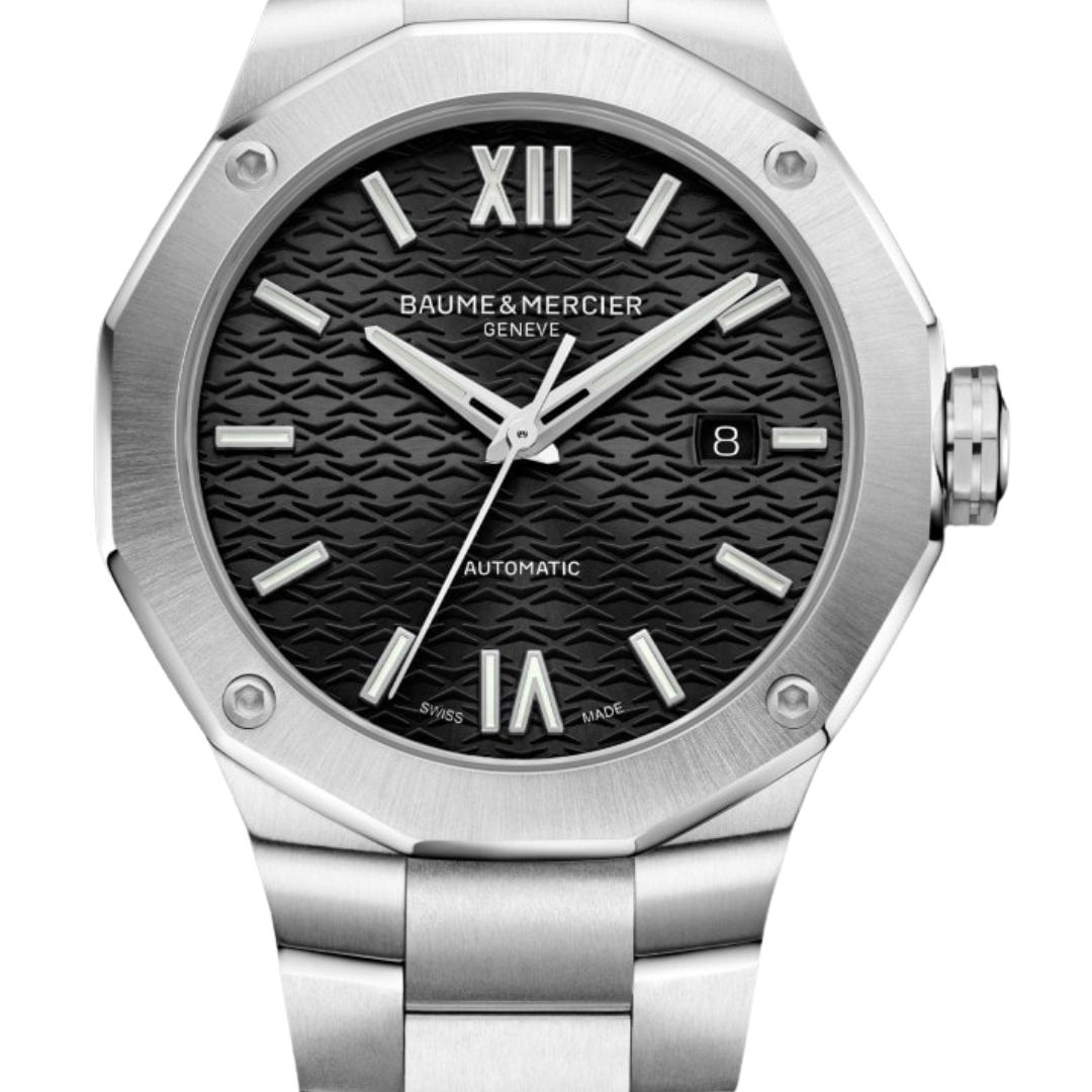 Quadrante nero satinato soleil con motivo esclusivo e lancette Dauphine dell'orologio Baume & Mercier Riviera 10621