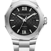 Quadrante nero satinato soleil con motivo esclusivo e lancette Dauphine dell'orologio Baume & Mercier Riviera 10621