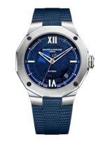 Load image into Gallery viewer, Quadrante in vetro zaffiro blu fumé trasparente con motivo mesh e lancette traforate dell&#39;orologio Baume &amp; Mercier Riviera 10701
