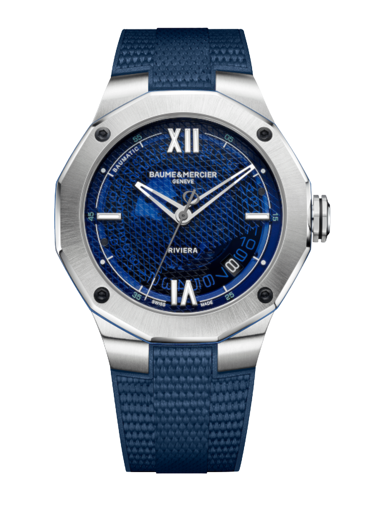 Quadrante in vetro zaffiro blu fumé trasparente con motivo mesh e lancette traforate dell'orologio Baume & Mercier Riviera 10701