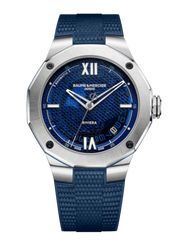 Quadrante in vetro zaffiro blu fumé trasparente con motivo mesh e lancette traforate dell'orologio Baume & Mercier Riviera 10701