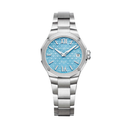 Quadrante azzurro satinato soleil con decoro a onde trasparenti, numeri romani e indici rodiati rivettati rivestiti di Superluminova bianco dell'orologio Baume & Mercier Riviera 10811