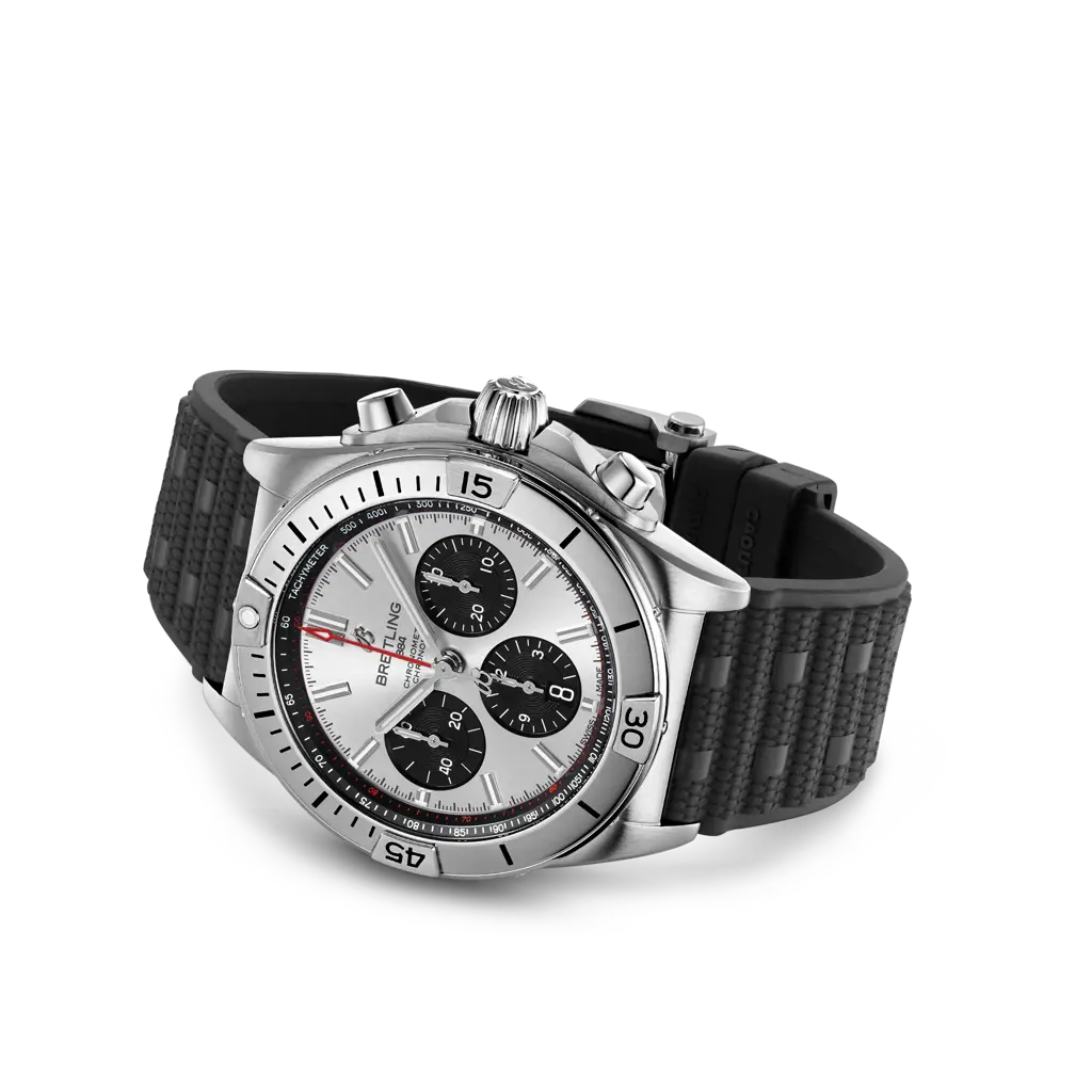 Vista laterale della cassa con corona a vite e lunetta unidirezionale dell’orologio Breitling Chronomat B01 42