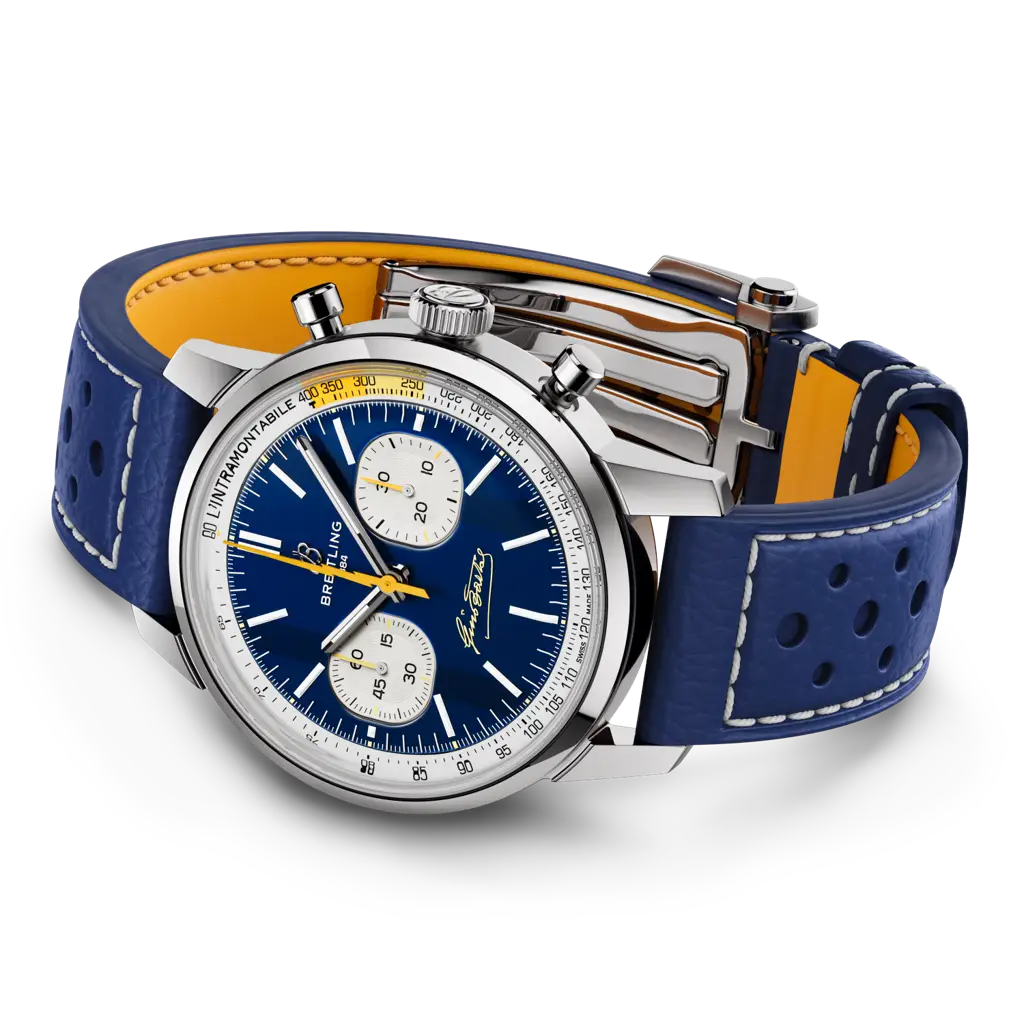 Vista laterale della cassa da 13,3 mm di spessore e corona con due giunti dell’orologio Breitling Top Time B01 Gino Bartali