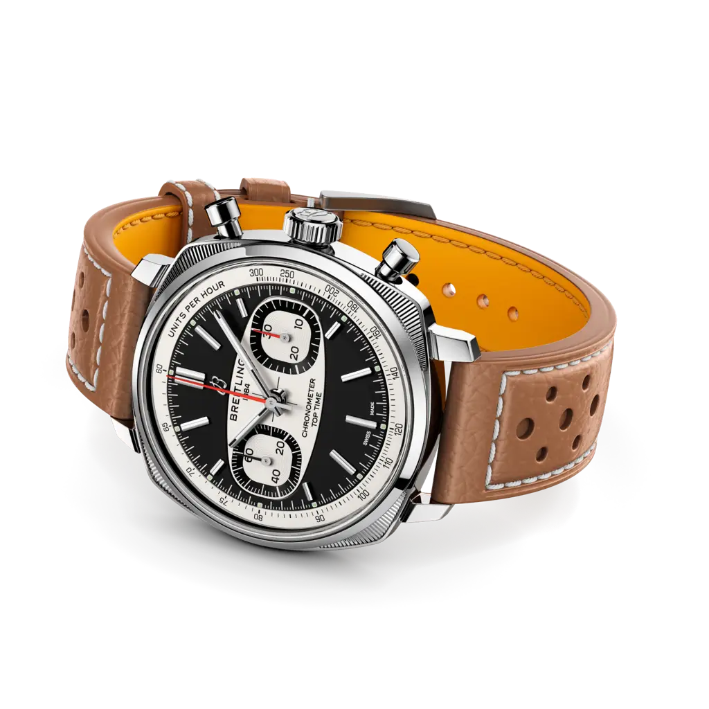 Vista laterale della cassa da 13,07 mm di spessore e corona non avvitata dell’orologio Breitling Top Time B01 Racing.