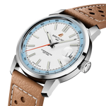 Load image into Gallery viewer, Dettaglio del cinturino in pelle di vitello beige con fibbia ad ardiglione in acciaio dell’orologio Breitling Top Time B31.

