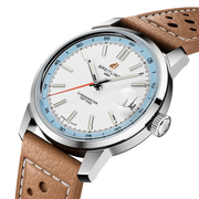 Dettaglio del cinturino in pelle di vitello beige con fibbia ad ardiglione in acciaio dell’orologio Breitling Top Time B31.