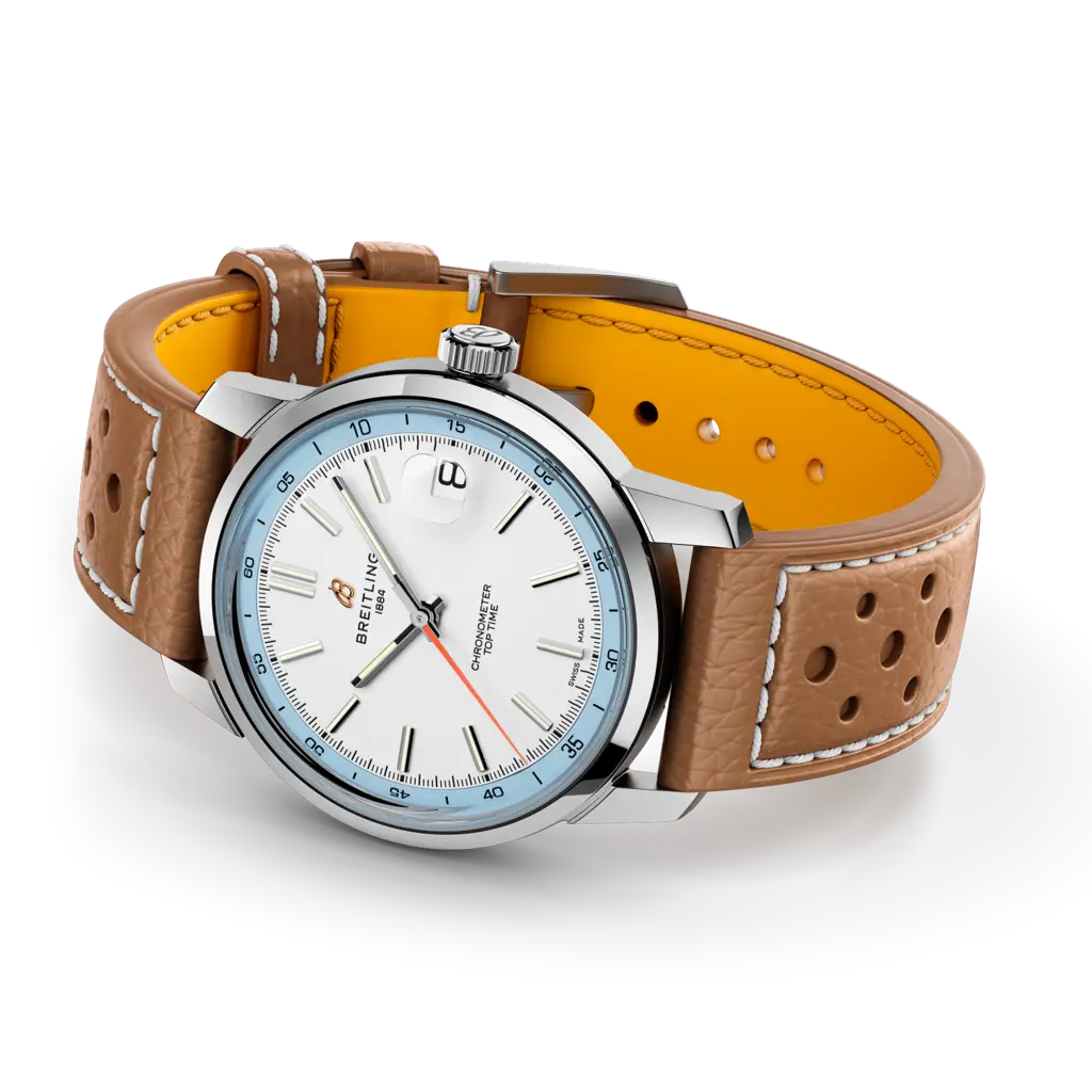 Vista laterale della cassa da 38 mm spessa 13,07 mm e corona non a vite dell’orologio Breitling Top Time B31.