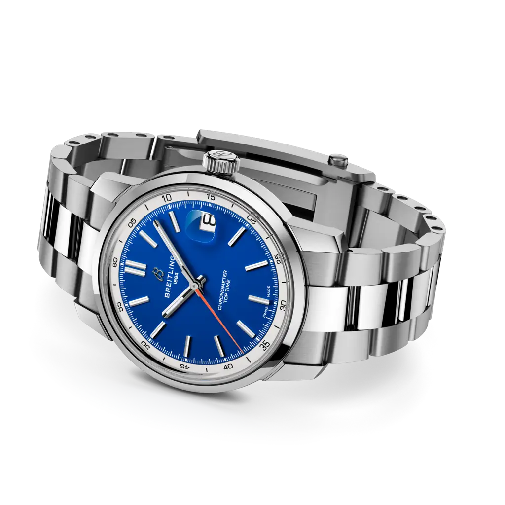 Vista laterale della cassa da 13,07 mm di spessore e del bracciale in acciaio inox dell’orologio Breitling Top Time B31.