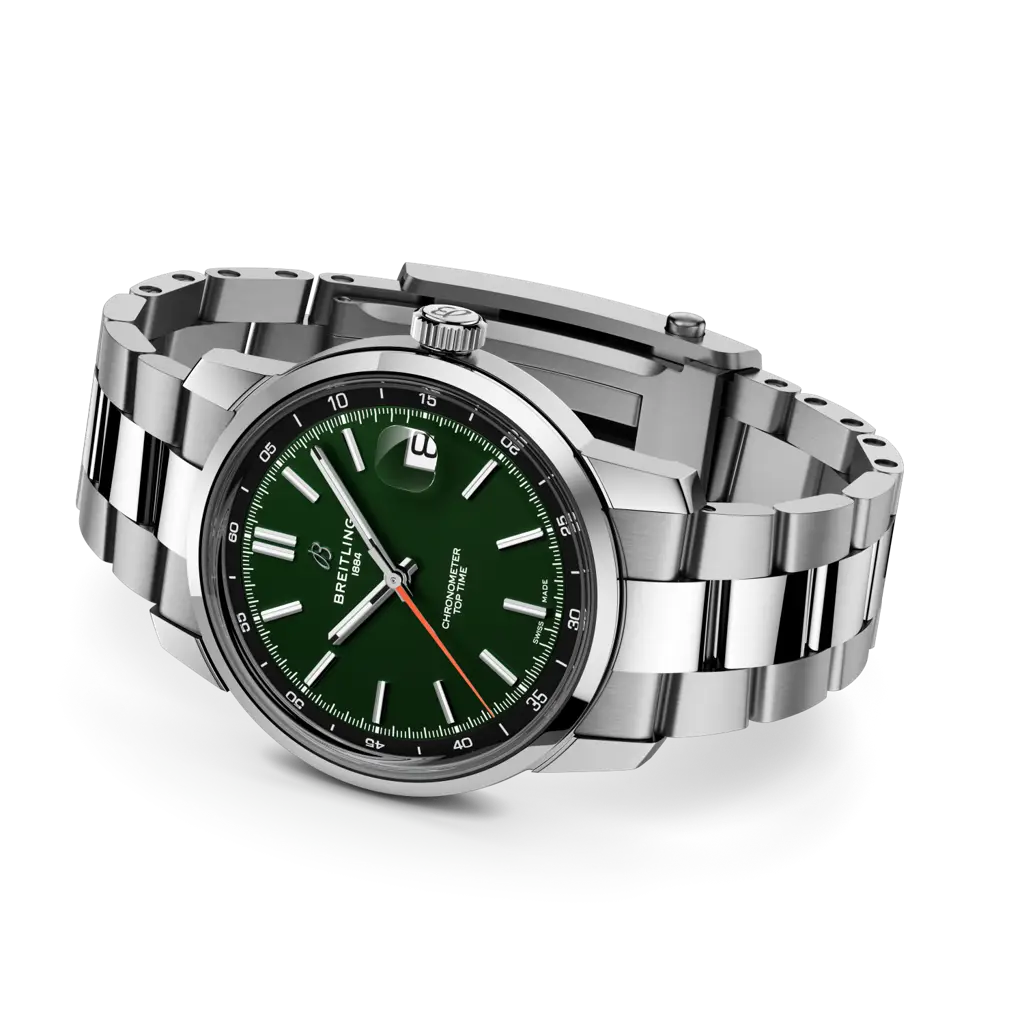 Vista laterale della cassa da 13,07 mm di spessore e bracciale in acciaio inox dell’orologio Breitling Top Time B31.