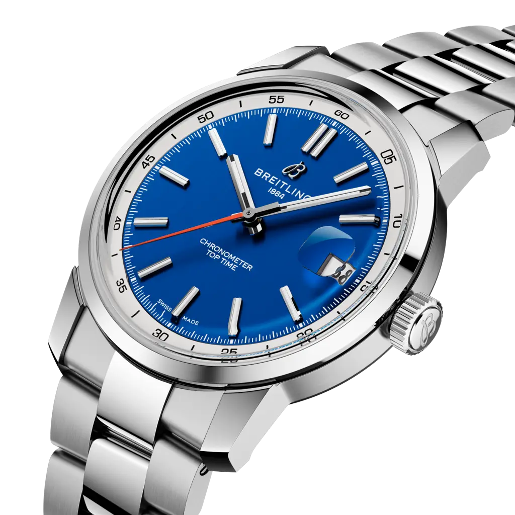 Dettaglio del quadrante blu e della lunetta fissa dell’orologio Breitling Top Time B31 AB3113A71C1A1.