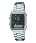 Load image into Gallery viewer, Vista ravvicinata del quadrante analogico e digitale nero e verde oliva dell’orologio Casio AQ-230A-1DMQ.
