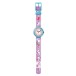 Load image into Gallery viewer, Dettaglio del cinturino viola con decorazioni di unicorni e animali dell’orologio FBNP033.

