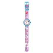 Dettaglio del cinturino viola con decorazioni di unicorni e animali dell’orologio FBNP033.