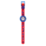 Load image into Gallery viewer, Dettaglio del cinturino tessile rosso con fantasia di dinosauri dell’orologio FBNP117P.
