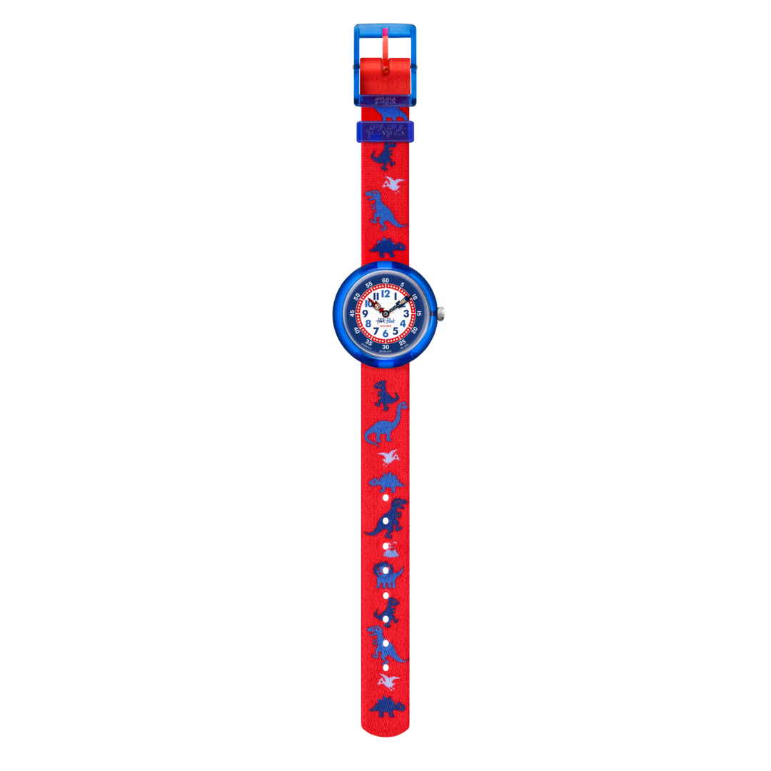 Dettaglio del cinturino tessile rosso con fantasia di dinosauri dell’orologio FBNP117P.