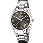 Load image into Gallery viewer, Quadrante nero sunray con indici e lancette color argento, datario tra le ore 4 e 5 e cristalli bianchi applicati dell&#39;orologio Festina Boyfriend
