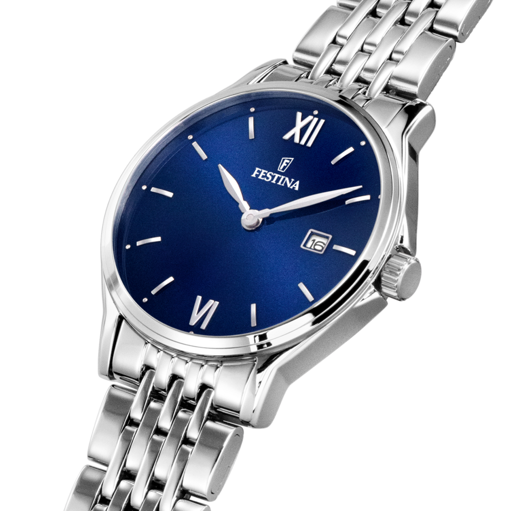 Cassa rotonda in acciaio inox da 30 mm con vetro minerale antigraffio e corona zigrinata dell'orologio Festina Classics