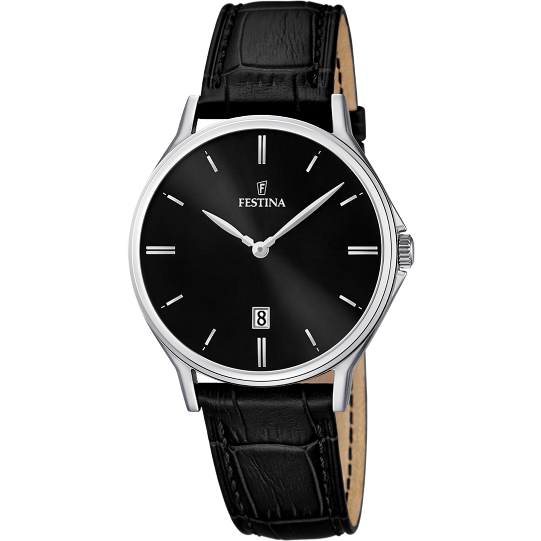 Quadrante nero sunray con indici a bastone argento e lancette luminose dell'orologio Festina Classics uomo