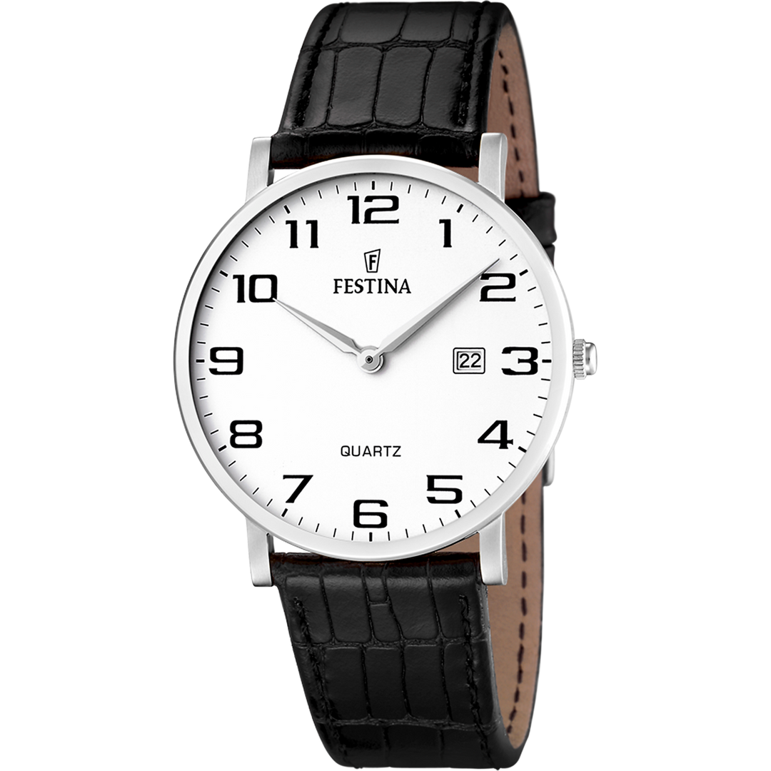Quadrante bianco con numeri arabi neri, datario a ore 3 e lancette grigie dell'orologio Festina Classics uomo