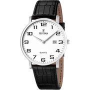 Quadrante bianco con numeri arabi neri, datario a ore 3 e lancette grigie dell'orologio Festina Classics uomo