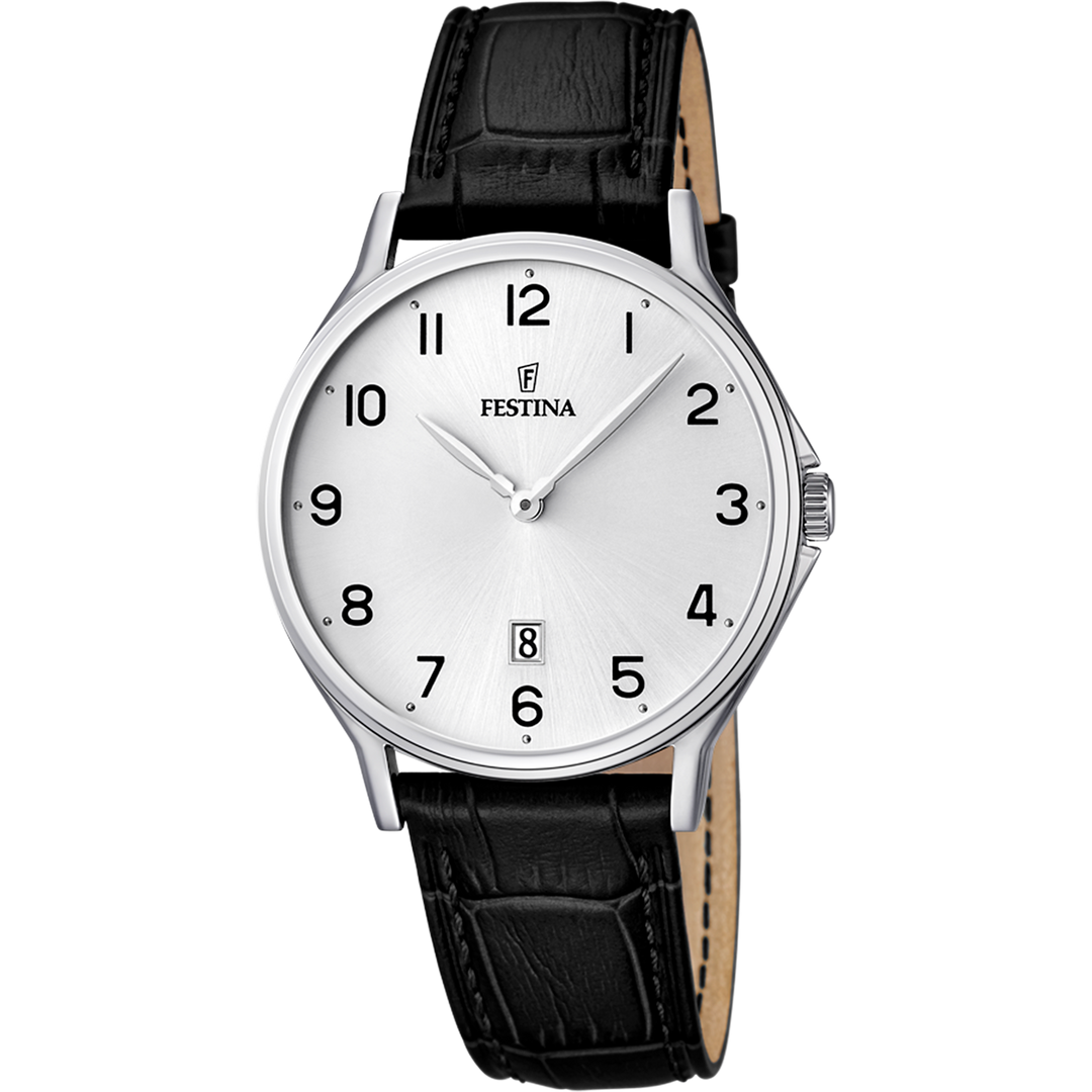 Quadrante argento sunray con numeri arabi neri, datario a ore 6 e lancette argentate dell'orologio Festina Classics uomo