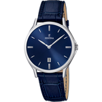 Load image into Gallery viewer, Quadrante blu sunray con indici a bastone argento, datario a ore 3 e lancette sottili argento dell&#39;orologio Festina Classics uomo
