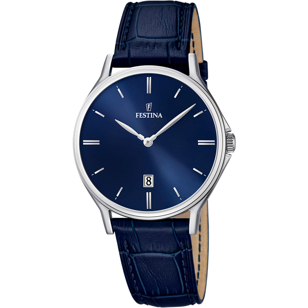 Quadrante blu sunray con indici a bastone argento, datario a ore 3 e lancette sottili argento dell'orologio Festina Classics uomo